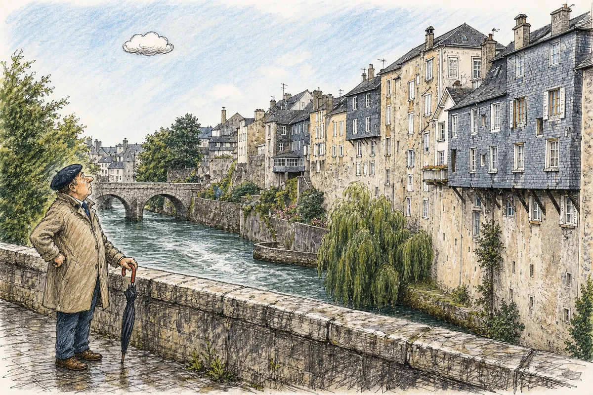 Croquis de presse d’Oloron-Sainte-Marie au bord du gave, avec ses maisons, son pont et un habitant guettant un petit nuage.