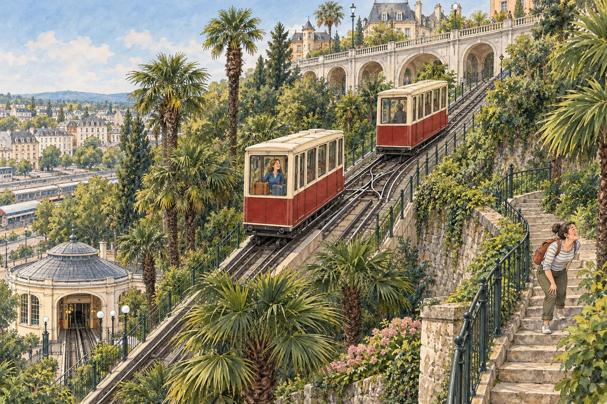 Illustration de presse des deux cabines du funiculaire de Pau se croisant dans la palmeraie sous le boulevard des Pyrénées.
