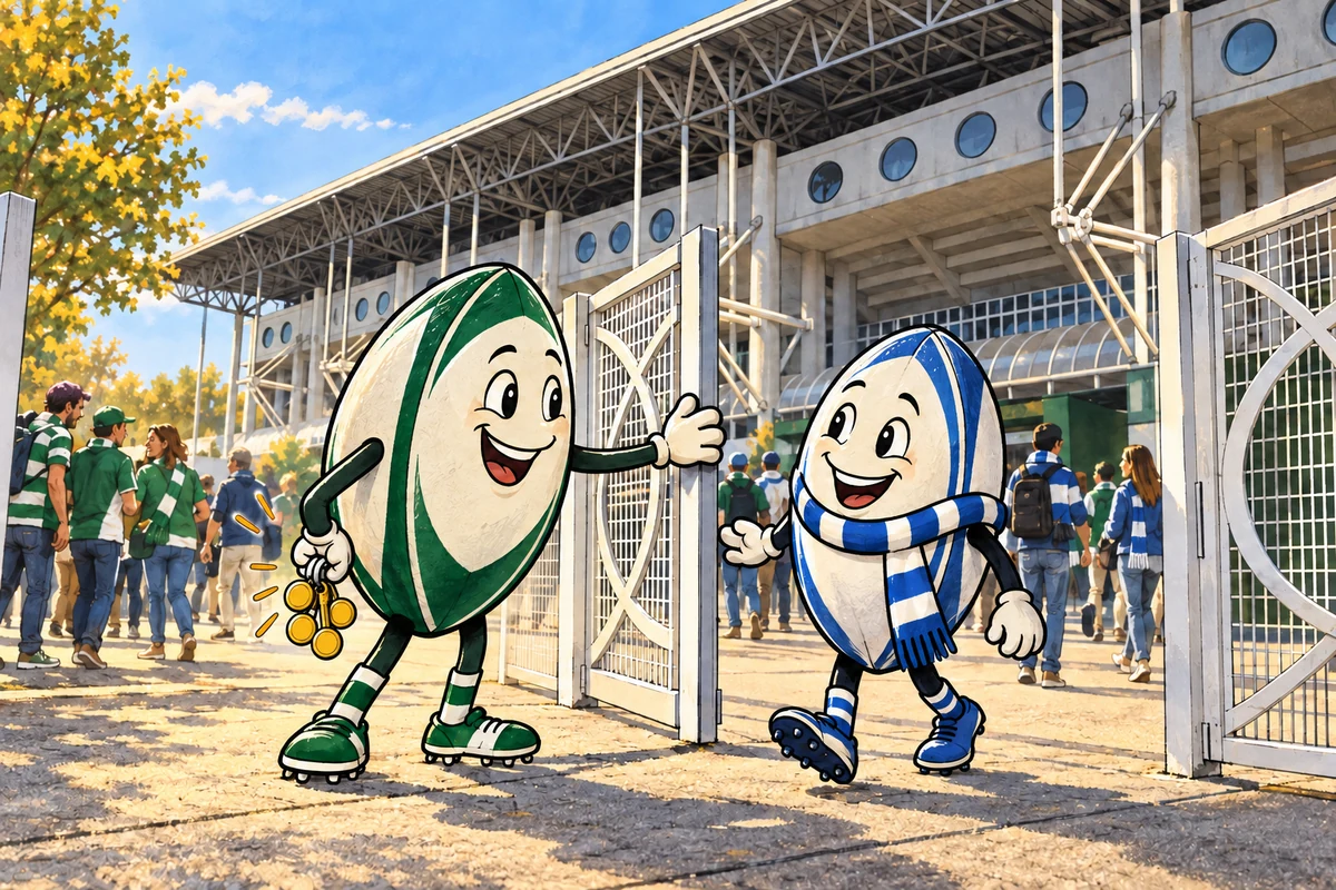 Illustration de presse devant le stade du Hameau : un ballon vert et blanc accueille un ballon bleu et blanc tout en gardant les points du match derrière son dos.