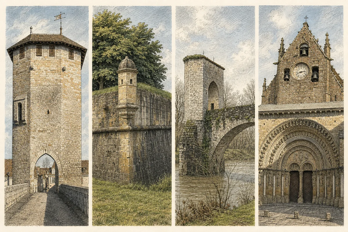 Planche gravée en quatre vues représentant Orthez, Navarrenx, Sauveterre-de-Béarn et Morlaàs.