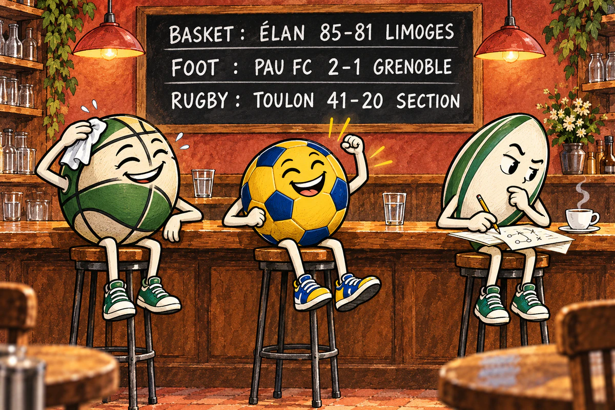 Au comptoir, un ballon de basket vert et blanc essuie son front avec soulagement, un ballon de football jaune et bleu célèbre sa victoire et un ballon de rugby vert et blanc réfléchit devant son café et ses notes. Une ardoise rappelle les trois résultats du week-end.