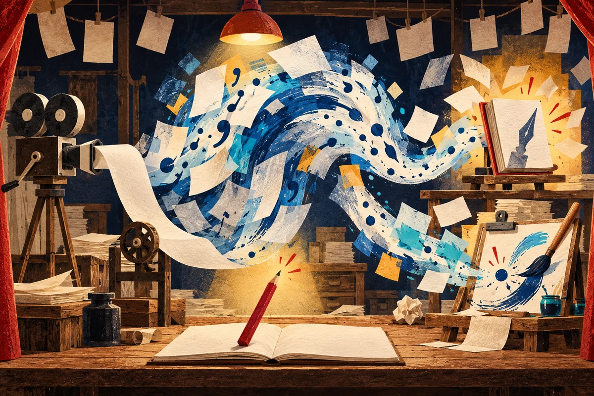 Théâtre de papier représentant un atelier de récits : une caméra déroule des feuilles qui deviennent une grande vague abstraite, guidée par un crayon rouge vers un pupitre d’écriture et une planche à dessin.