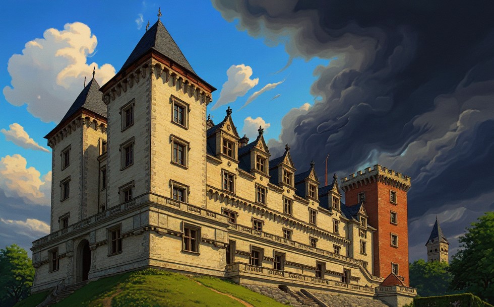 Vue du Château de Pau avec ses tours et façades sous un ciel contrasté