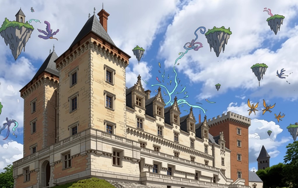 Illustration du Château de Pau avec des îles volantes et des créatures imaginaires dans le ciel
