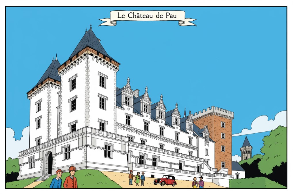 Illustration du Château de Pau en style bande dessinée avec visiteurs et voiture ancienne au premier plan
