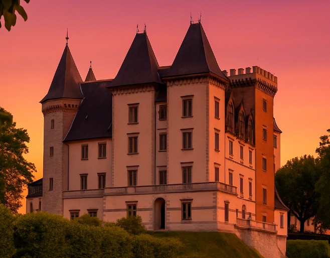 Photo du Château de Pau illuminé par les couleurs chaudes d’un coucher de soleil