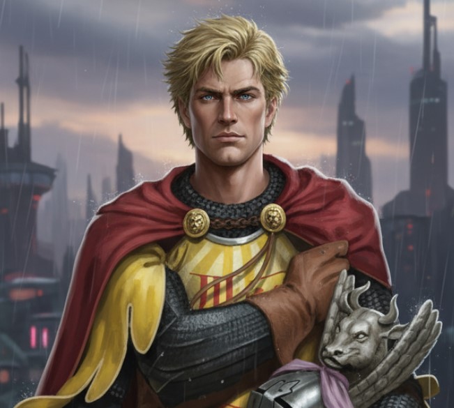 Illustration de Gaston Fébus en armure médiévale avec une cape rouge et un décor épique en arrière-plan