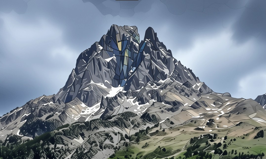 Illustration stylisée du Pic du Midi d’Ossau avec ses pentes rocheuses et enneigées