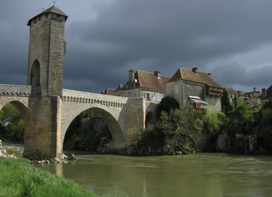 Vue du Pont Vieux d’Orthez en pierre traversant le Gave de Pau, sous un ciel nuageux