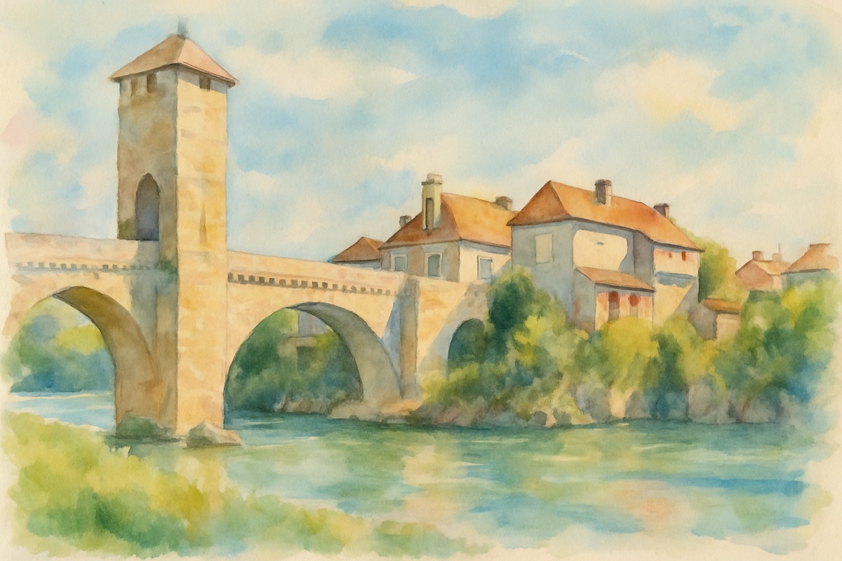 Illustration aquarelle du Pont Vieux d’Orthez et des maisons anciennes sur le Gave de Pau