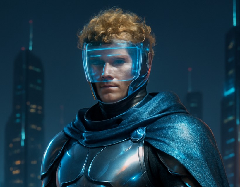 Portrait stylisé futuriste de Gaston Fébus en armure high-tech