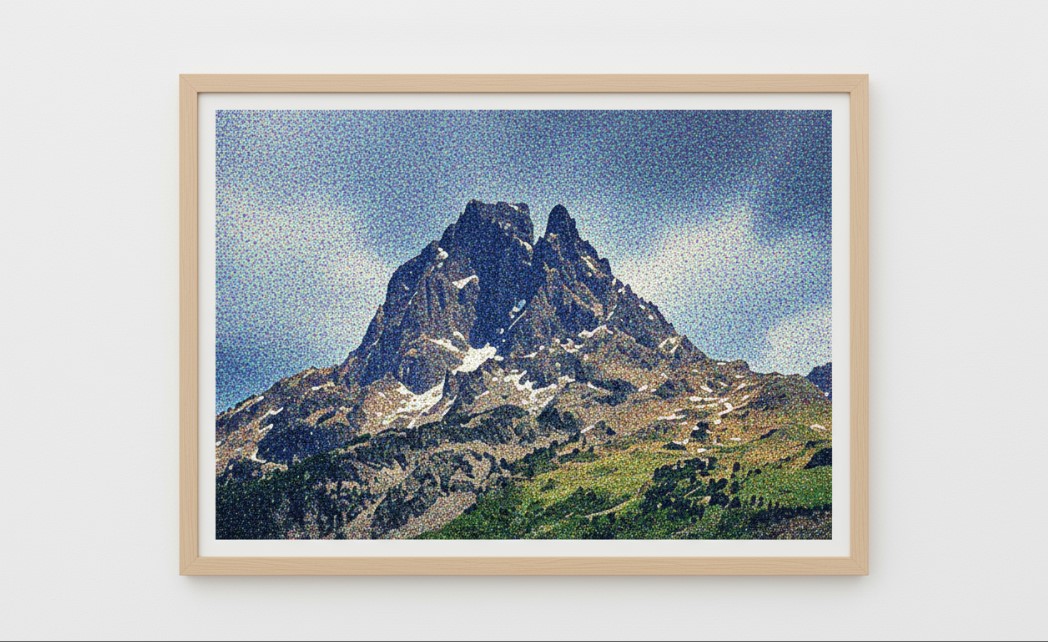 Tableau encadré représentant le Pic du Midi d’Ossau dans un style pointilliste coloré