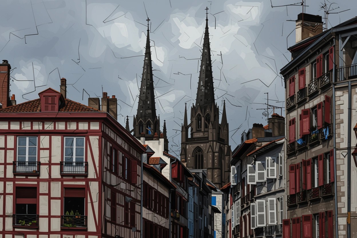 Vue des flèches de la cathédrale Sainte-Marie de Bayonne derrière les maisons à colombages du centre-ville