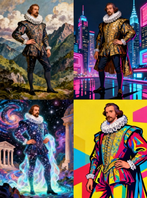 Quatre portraits stylisés d’Henri IV revisités dans des univers artistique, futuriste, cosmique et pop art