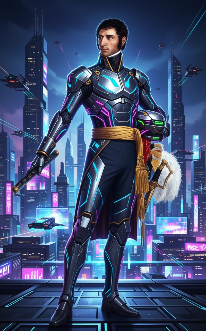 Portrait futuriste de Jean-Baptiste Bernadotte en armure cybernétique dans une cité lumineuse et technologique