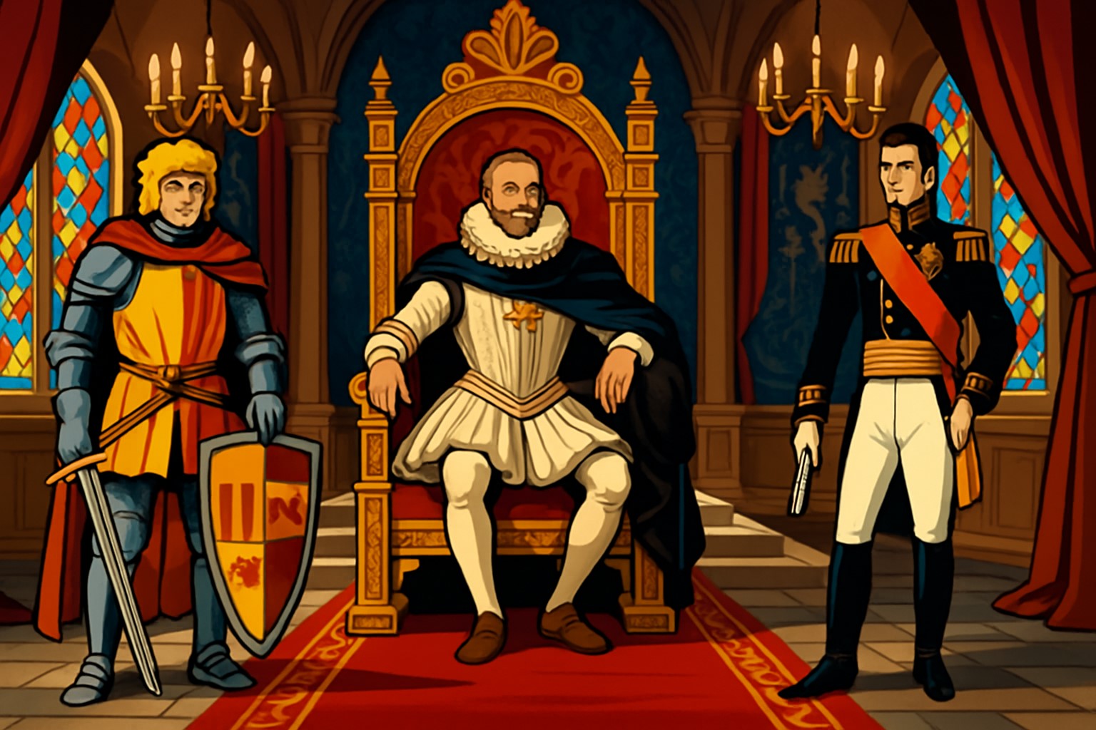 Tableau représentant Gaston Fébus, Henri IV et Bernadotte réunis dans une scène symbolique et solennelle