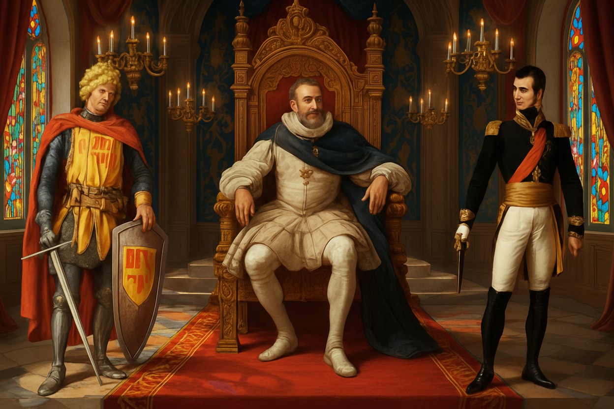 Tableau représentant Fébus, Henri IV et Bernadotte réunis lors d’un conseil secret pour soutenir un mystérieux quatrième Béarnais