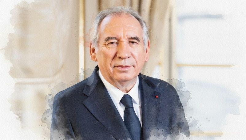 Portrait artistique de François Bayrou réinterprété par intelligence artificielle, inspiré d’une photo officielle