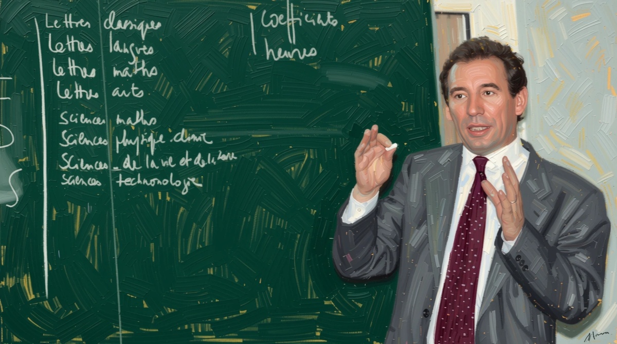 Illustration artistique de François Bayrou enseignant devant un tableau noir, inspirée d’une photo prise lorsqu’il était ministre de l’Éducation nationale